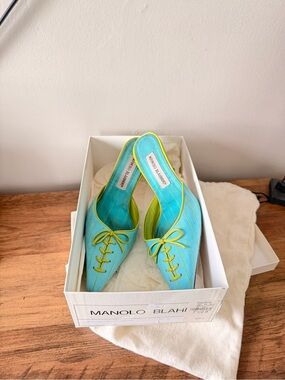 Manolo Blahnik Turquoise with Lime Trim Pointed Slip-On Mules